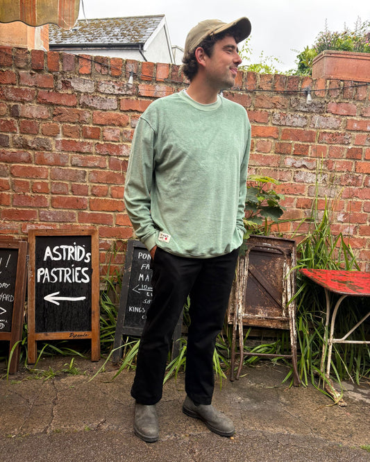 Man standing outdoors with a brick wall wearing a Sea Green jumper.